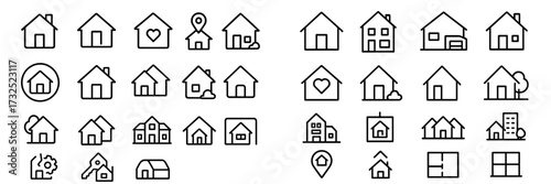 Collection of simple house icons for design projects in various styles and orientations