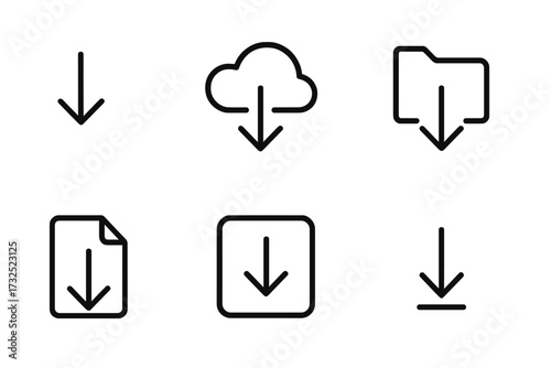 Set of downward arrow symbols for various actions like downloading, saving, and file management displayed on a white background