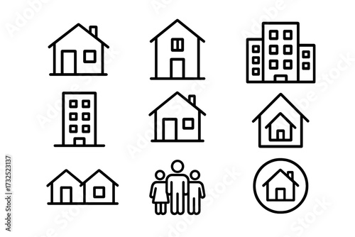 Various house icons representing different types of residential buildings and family structures in a simple design layout