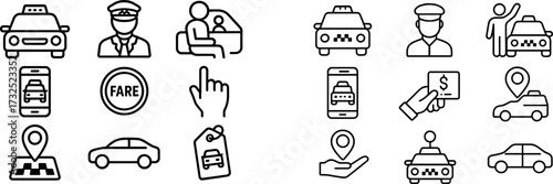 City taxi service symbols illustrating fare, ride-hailing, and driver interactions in black and white outline style