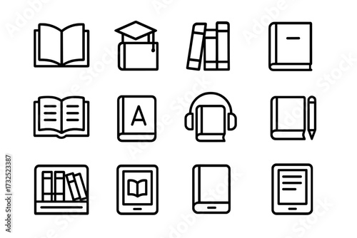 Collection of educational icons including books, headphones, and e-readers showcasing study resources and learning methods