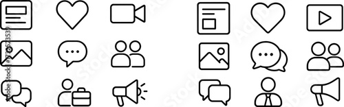 Collection of simple, outlined social media icons representing various forms of communication and interaction