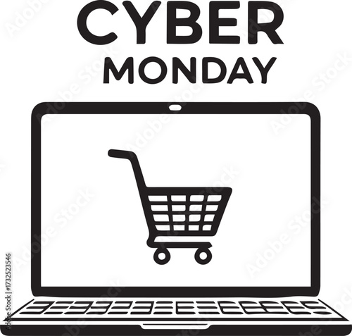 Cyber Monday laptop vector with shopping cart icon and bold text for ecommerce promotions, digital sales, and marketing