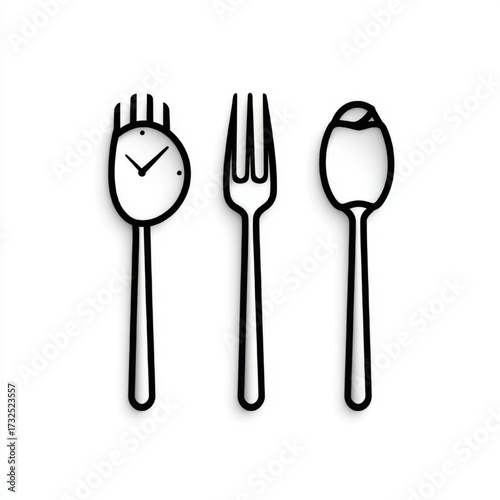 Minimalist Fork Spoon and Clock Icons, in black and white, representing mealtime and dining schedule