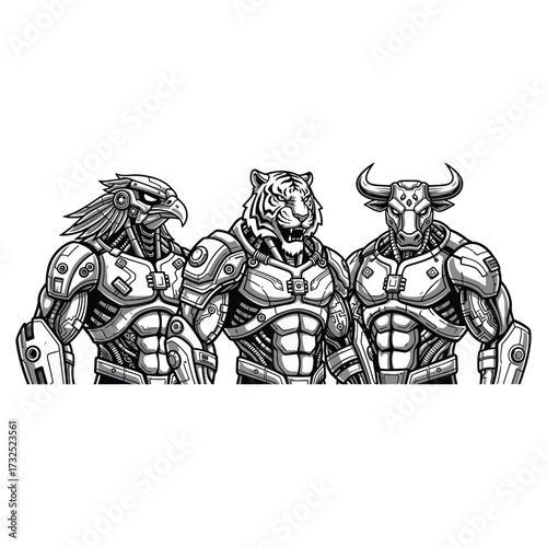 Three humanoid mascots side by side with futuristic visor in armor muscular humanoid bodies esport mascot style, flat black and white vector, no gradients