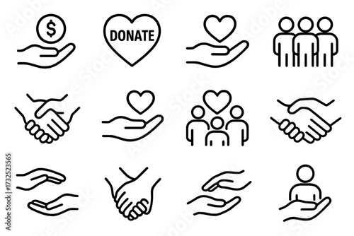 Hands offering help through donations, love, and community support in black and white illustrations