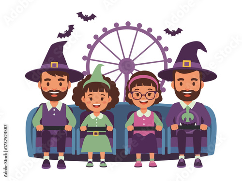 Halloween Family Fun at Amusement Park: A cartoon of happy family is wearing spooky hats, ready for Halloween rides, bats in the sky, behind them a huge wheel.