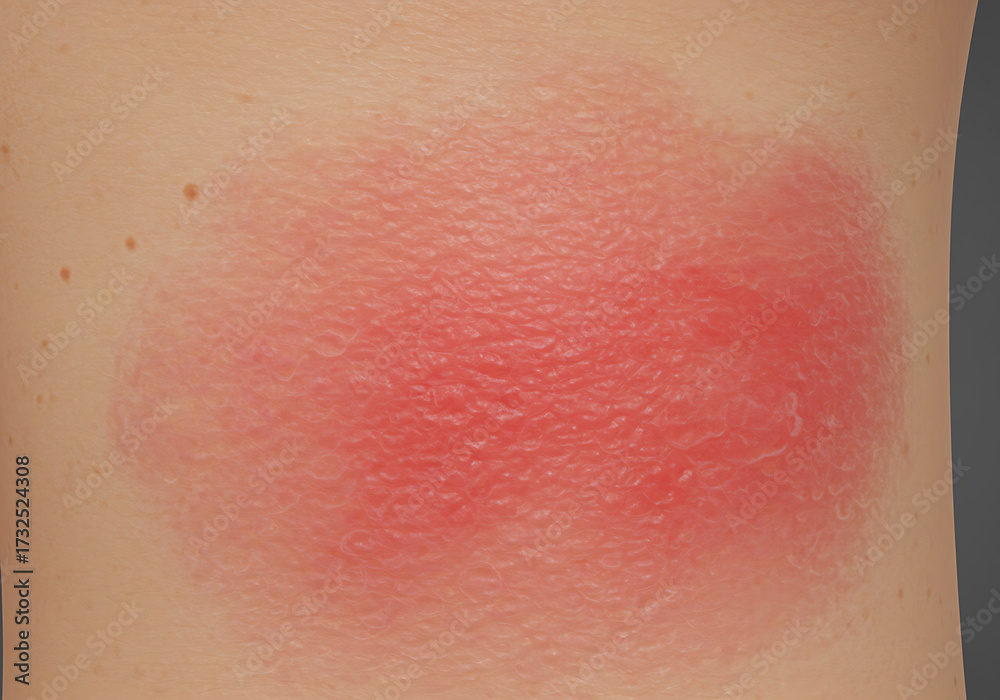 Fototapeta premium Close-up view of a red, inflamed skin reaction, possibly a bite or allergic response, showing a swollen, irritated area on human skin.