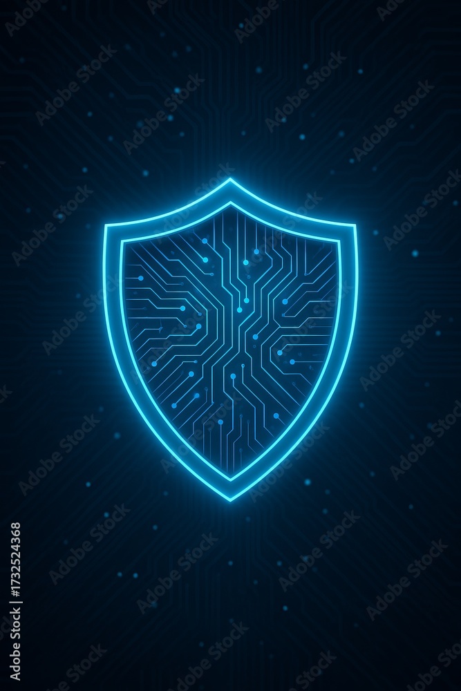 Fototapeta premium Glowing neon blue shield with circuit board pattern on dark background with digital particles