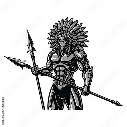 Full body mascot of a male robotic Indian warrior, muscular humanoid body in steel-like cyber armor, wearing a mechanical Indian feather headdress, holding a futuristic spear