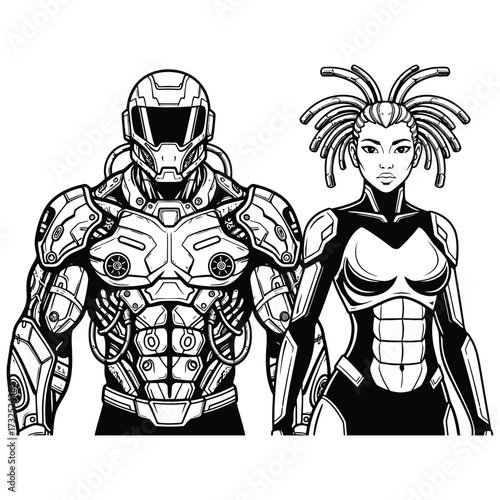 Two humanoid mascots standing together heavy futuristic armor  muscular humanoid bodies