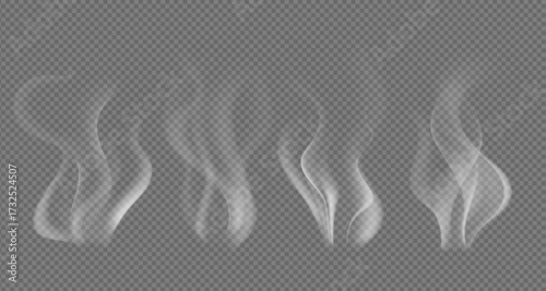 Realistic steam or smoke on hot tea, coffee, food. PNG Stock royalty free. transparent background Vector set