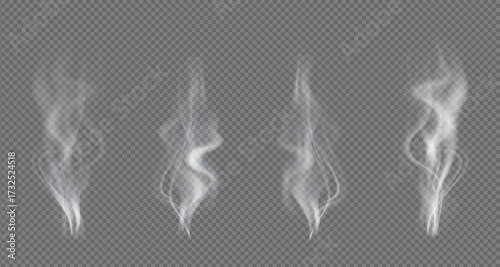 Realistic steam or smoke on hot tea, coffee, food. PNG Stock royalty free. transparent background Vector set