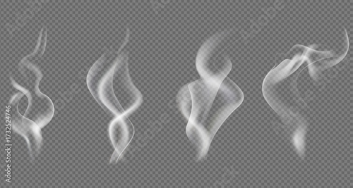 Realistic steam or smoke on hot tea, coffee, food. PNG Stock royalty free. transparent background Vector set