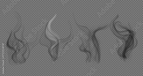 Realistic steam or smoke on hot tea, coffee, food. PNG Stock royalty free. transparent background Vector set