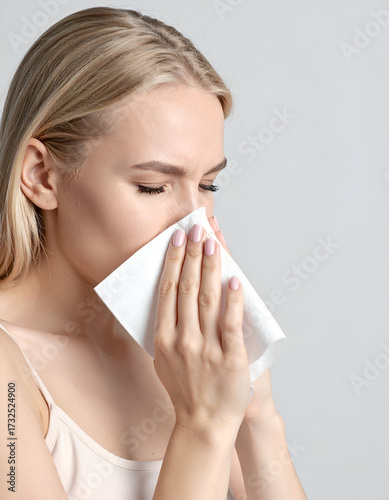Young woman sneezing into tissue, studio light background