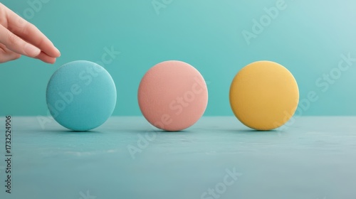 A hand gently touches a colorful trio of round, textured objects in pastel shades, set against a soft blue background.