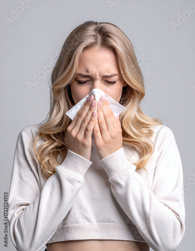 Young woman sneezing into tissue, studio light background