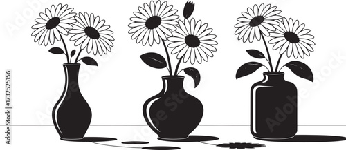 Black and white flower vases with geometric floral designs in modern symmetrical silhouette vector style.