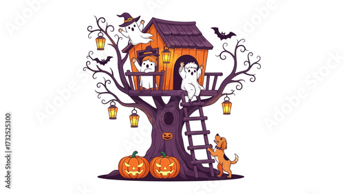Whimsical Halloween Treehouse: A playful illustration captures the spooky spirit of Halloween with friendly ghosts, cute animals, and grinning pumpkins adorning a whimsical treehouse.