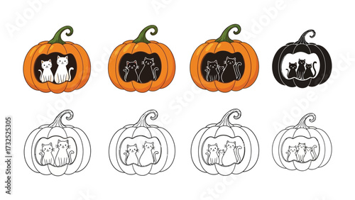 Cat in Pumpkin: Capturing the essence of Halloween, this collection showcases cheerful cat silhouettes nestled within carved pumpkins, exuding playful festive charm.