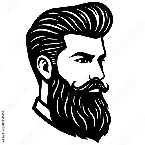 Hipster Man Head Profile with Pompadour Haircut and Long Beard, hipster, beard, man, hairstyle, vintage