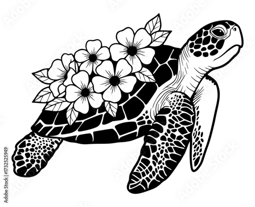 Sea turtle with flowers on its shell, sea turtle, ocean, floral, tropical, marine life
