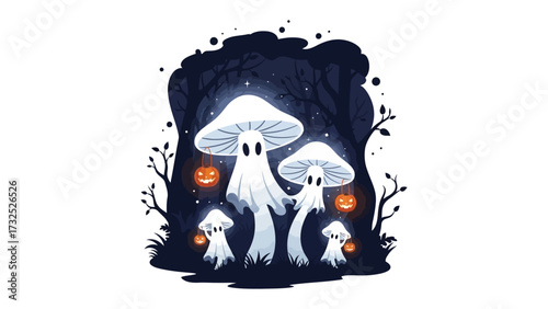 Mystical Mushroom Ghosts: A whimsical illustration captures the eerie charm of a forest populated by spectral mushroom ghosts, lanterns, and a spooky, mysterious Halloween setting.