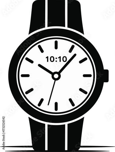 Analog wristwatch illustration, black and white timepiece, bold clock design, 10:10 time, modern watch face, punctuality symbol, vector graphic, time concept, thick strap