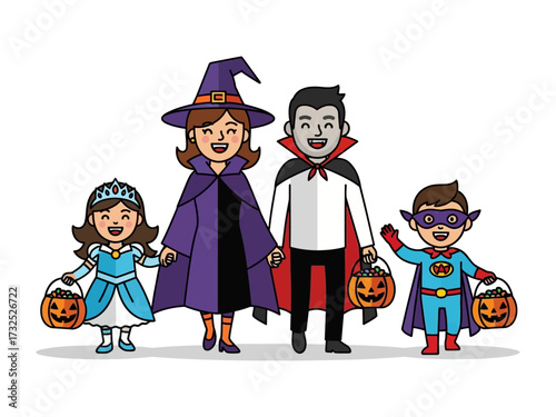 Spooky Family Halloween: A delightful family is dressed in imaginative costumes, ready to embrace the spooky fun of Halloween, carrying their treat buckets.