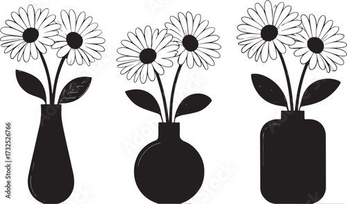 Black and white flower vases with geometric floral designs in modern symmetrical silhouette vector style.