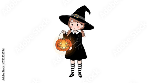 A Spooky Halloween Companion: A young girl dressed as a witch, clutching a glowing pumpkin lantern, embodies the festive spirit of Halloween. Emphasizing the innocence and playfulness of the holiday