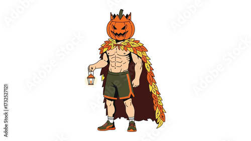 Pumpkin-headed Figure in a Cape: A muscular character with a pumpkin for a head and wearing a decorated cape, holding a lantern. A festive portrayal of Halloween and the autumn season.