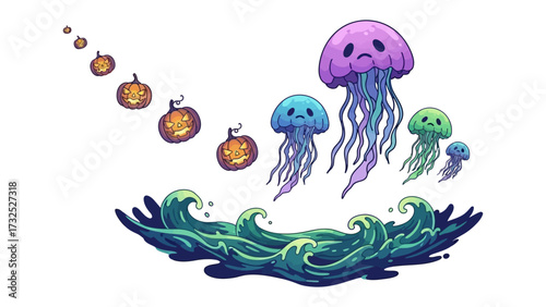 Jellyfish and Pumpkins Illustration: A whimsical illustration showcases a whimsical sea-scape with a vibrant array of jellyfish and animated pumpkin, designed in a cartoonish style. 