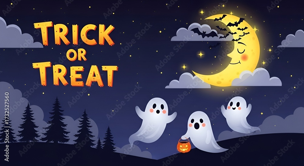 Fototapeta premium Halloween night scene with ghosts, trick or treat text, moon, bats, and pine trees illustration