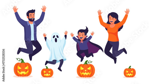 Happy Halloween Family: A cartoon illustration depicts a family leaping with joy, dressed in various Halloween costumes, surrounded by carved pumpkins, celebrating Halloween.