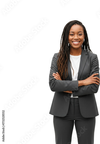 Wallpaper Mural Young african american woman in dark business suit, dreadlocks, arms crossed, smiling confidently on white studio background with left copy space concept of professional confidence Torontodigital.ca