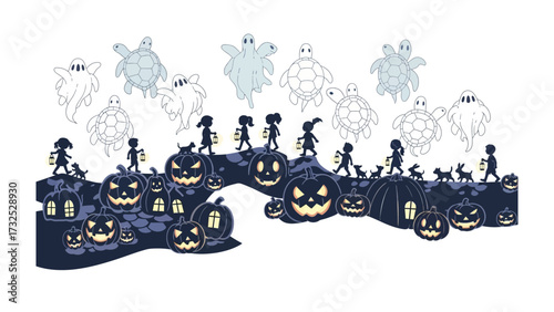 Enchanting Halloween Cartoon Illustration: Whimsical Halloween illustration with silhouette characters, playful sea turtles, mischievous ghosts, and carved pumpkin features in a spooky.