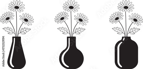 Black and white flower vases with geometric floral designs in modern symmetrical silhouette vector style.