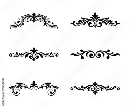 Collection of six ornate black floral decorative elements isolated on white background