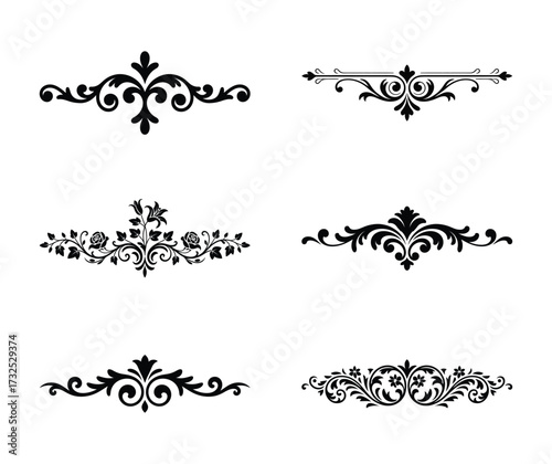 Collection of six black ornamental dividers and borders isolated on white background