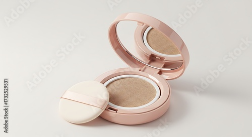 Mockup a light pink compact cushion foundation with a puff, isolated on white background commercial usage