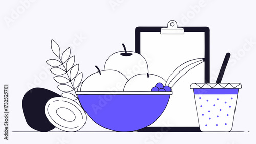 Still life of a bowl with fruits, avocado, clipboard and a cup with straw illustration on transparent background silhouette
