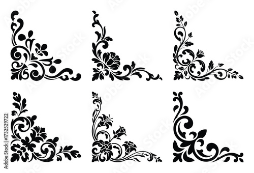 Collection of six ornate floral corner decorations isolated on white background