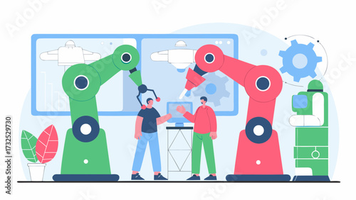 Two engineers overseeing robotic arms working on a project in a modern factory setting design concept on transparent background silhouette