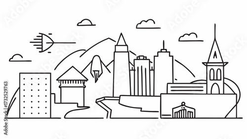 Minimalist cityscape outline featuring buildings mountains and clouds in a black and white line drawing on transparent background silhouette