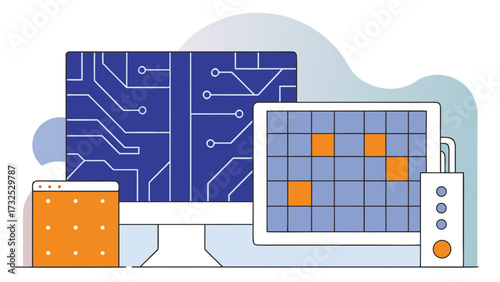 Illustration of computer devices with a circuit board design and data grid display shown on transparent background silhouette