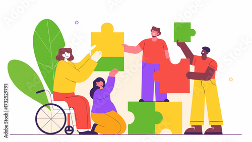 Diverse team building a puzzle together with one person in a wheelchair and large green leaves behind them on transparent background silhouette
