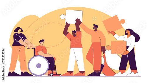 Diverse group of people working together with puzzle pieces and wheelchair illustration art style on transparent background silhouette