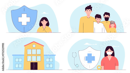 Illustration showing family, woman with shield, hospital building and woman wearing a mask and shield on transparent background silhouette